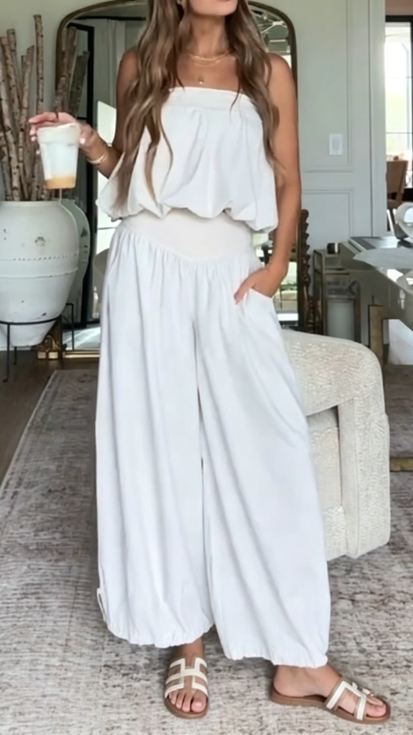 Women's White Strapless Top and Wide-Leg Pants Two-Piece Set