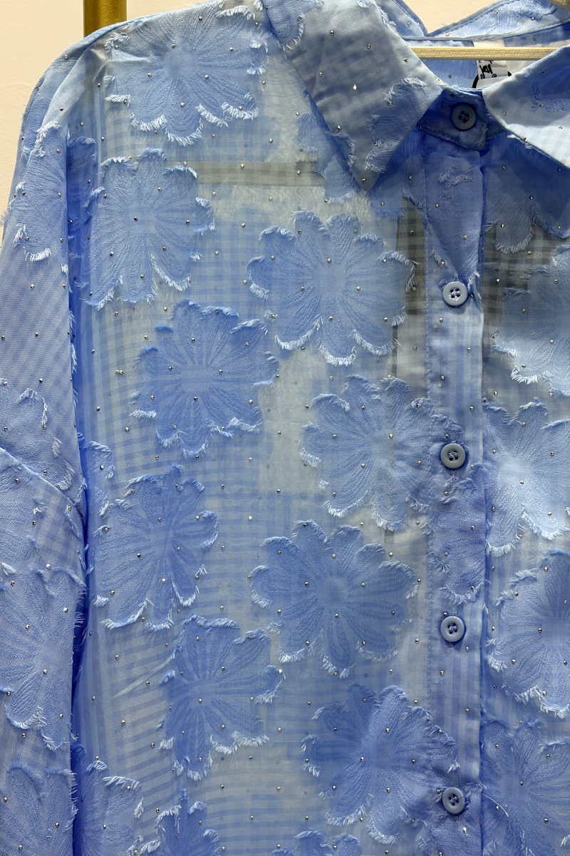 Women's Solid-Color Jacquard Long-Sleeve Shirt with Hot-Fix Rhinestones