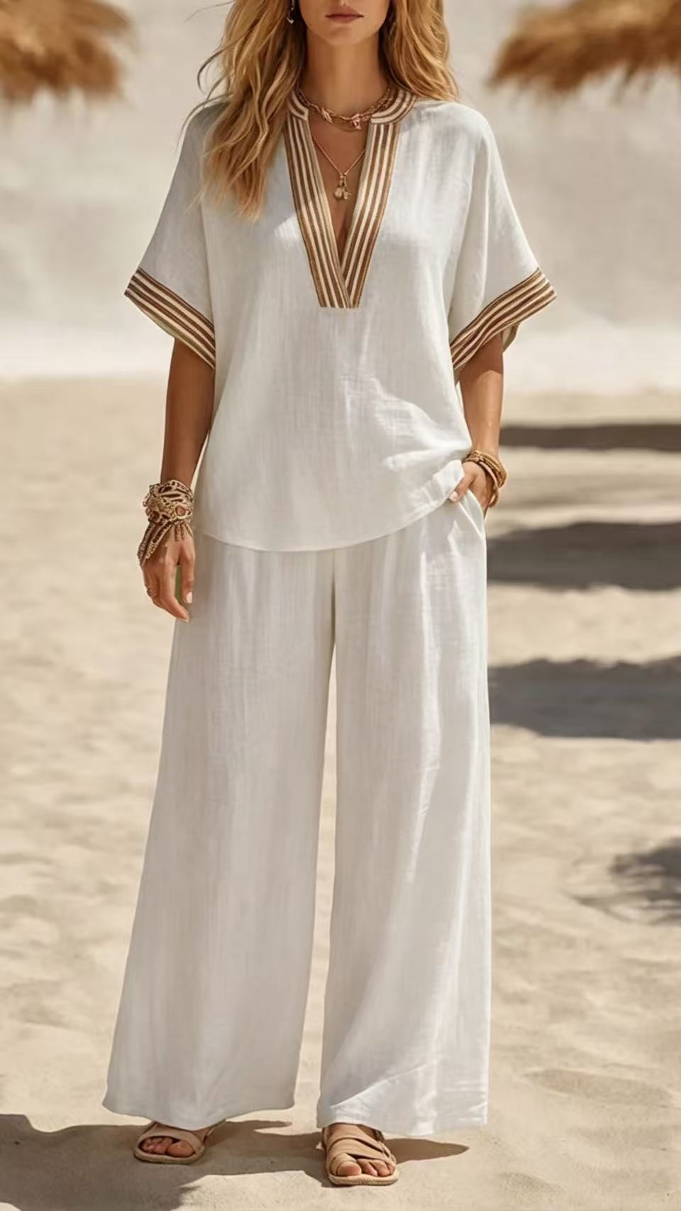 [Copy]Women's Vacation-Style "Hot Girl" Two-Piece Set: Spaghetti Strap Top & Trousers