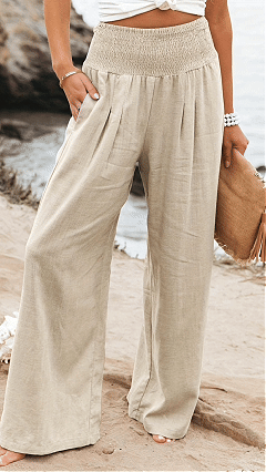 Women's Cotton Blend Smocked High Waist Wide Leg Pants