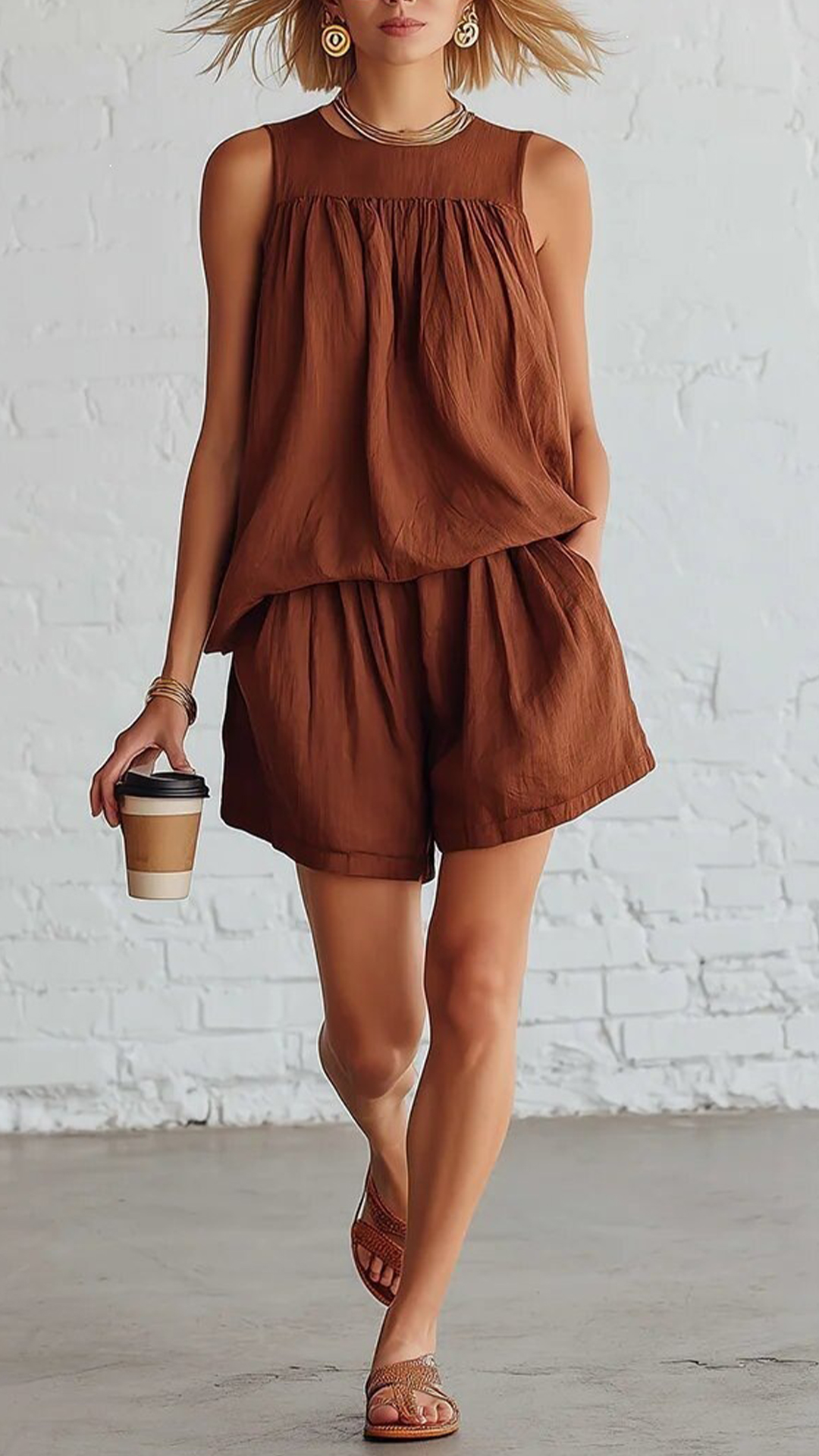 Women's  Cotton Blend Round Neck Sleeveless Top & Matching Shorts Set