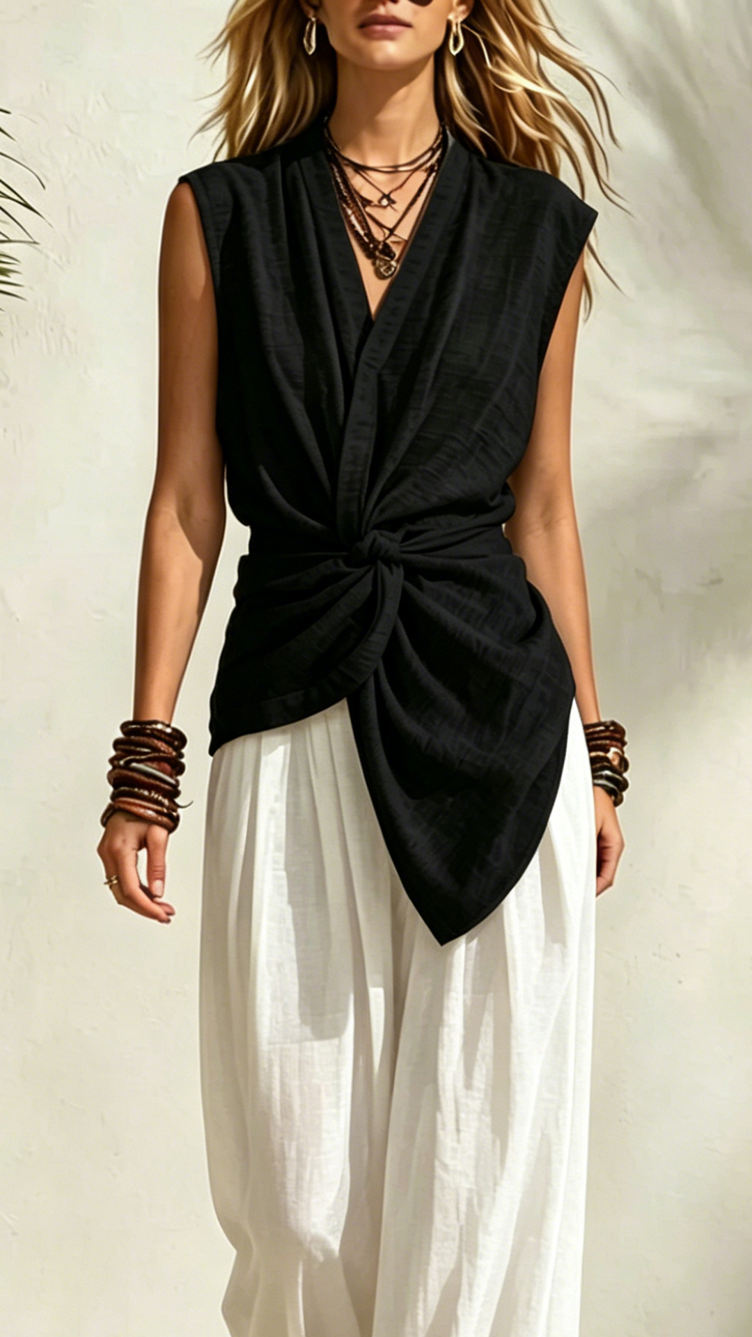 Women's Cotton Blend V-neck Sleeveless Twist Front Top
