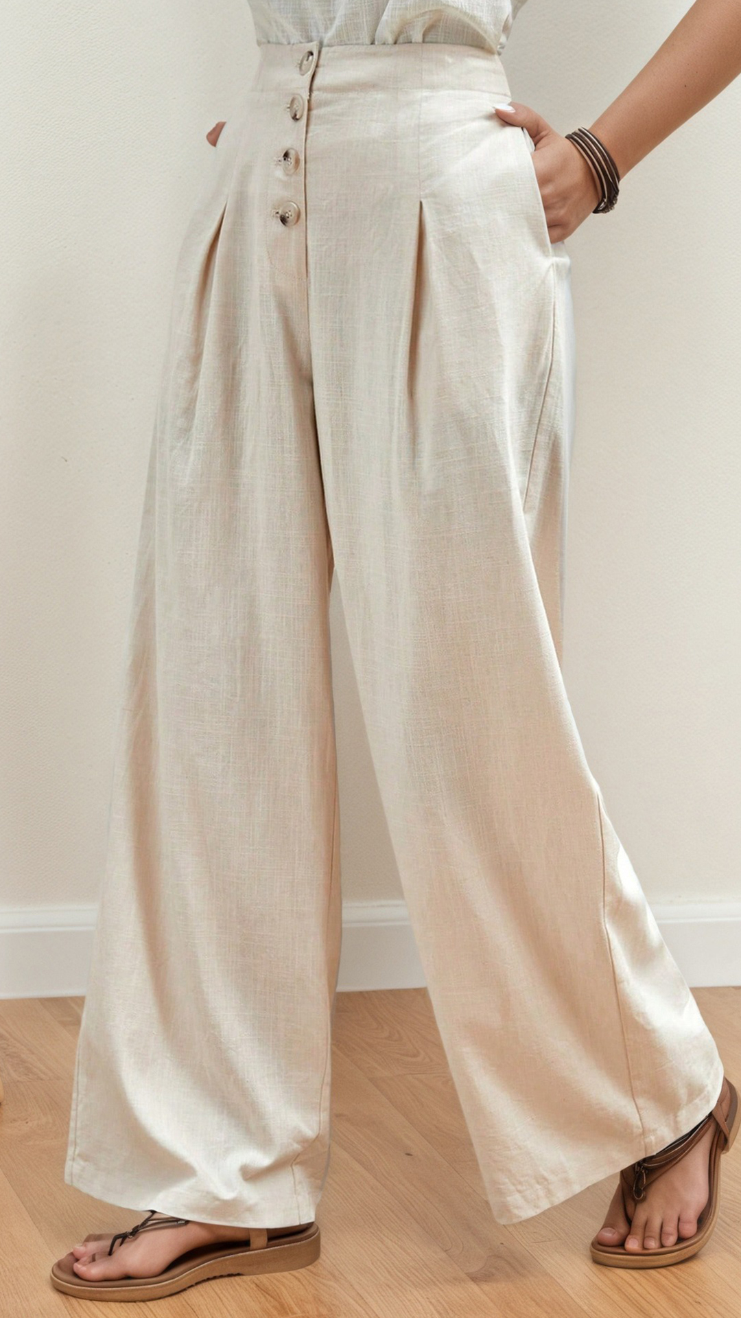 Women's Cotton Blend Pleated High Waist Wide Leg Pants