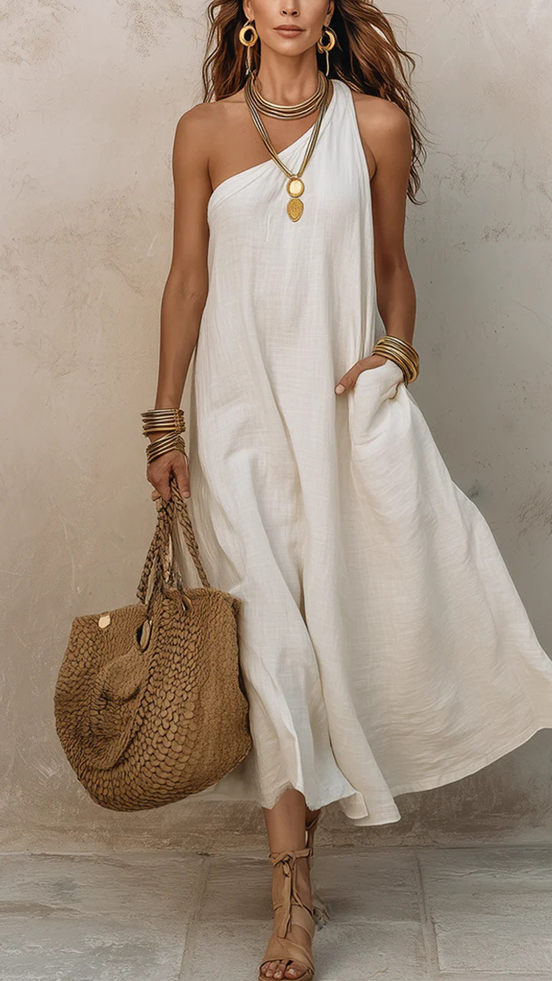 Women's Cotton-Blend One-Shoulder Sleeveless Maxi Dress