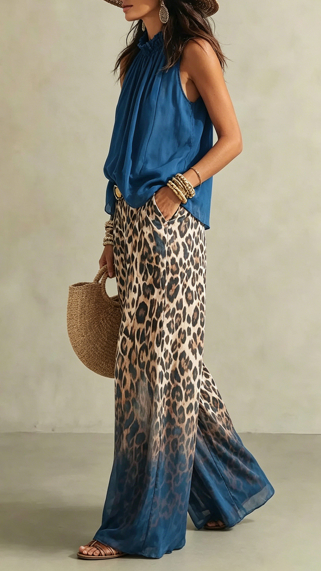 Women's Bohemian Sleeveless Chiffon Top & Leopard Print Wide Leg Pants Set