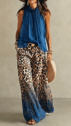 Women's Bohemian Sleeveless Chiffon Top & Leopard Print Wide Leg Pants Set