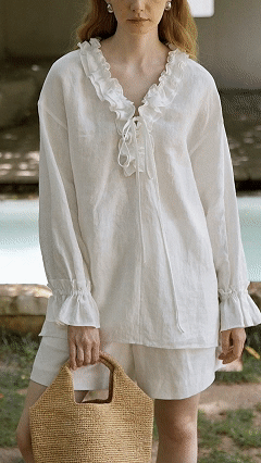 Women's French Linen Pleated Top & Shorts Set