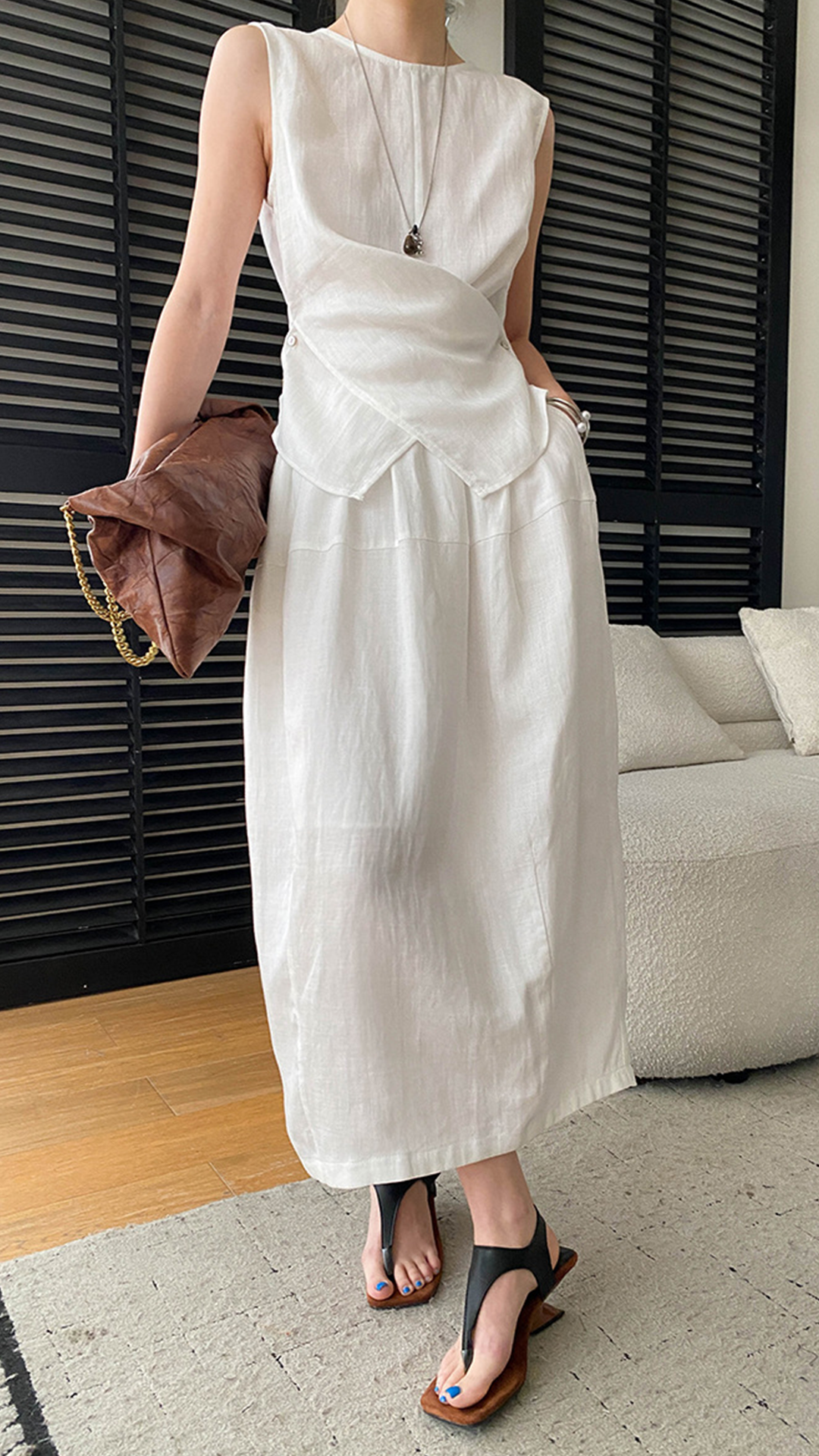 Women's Linen Sleeveless Shirt with Side Slits and Elastic-Waist Skirt Set
