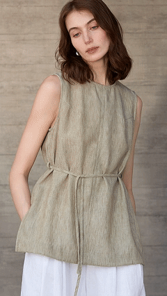 Women's Pure Linen Sleeveless Tie-Front Loose Top