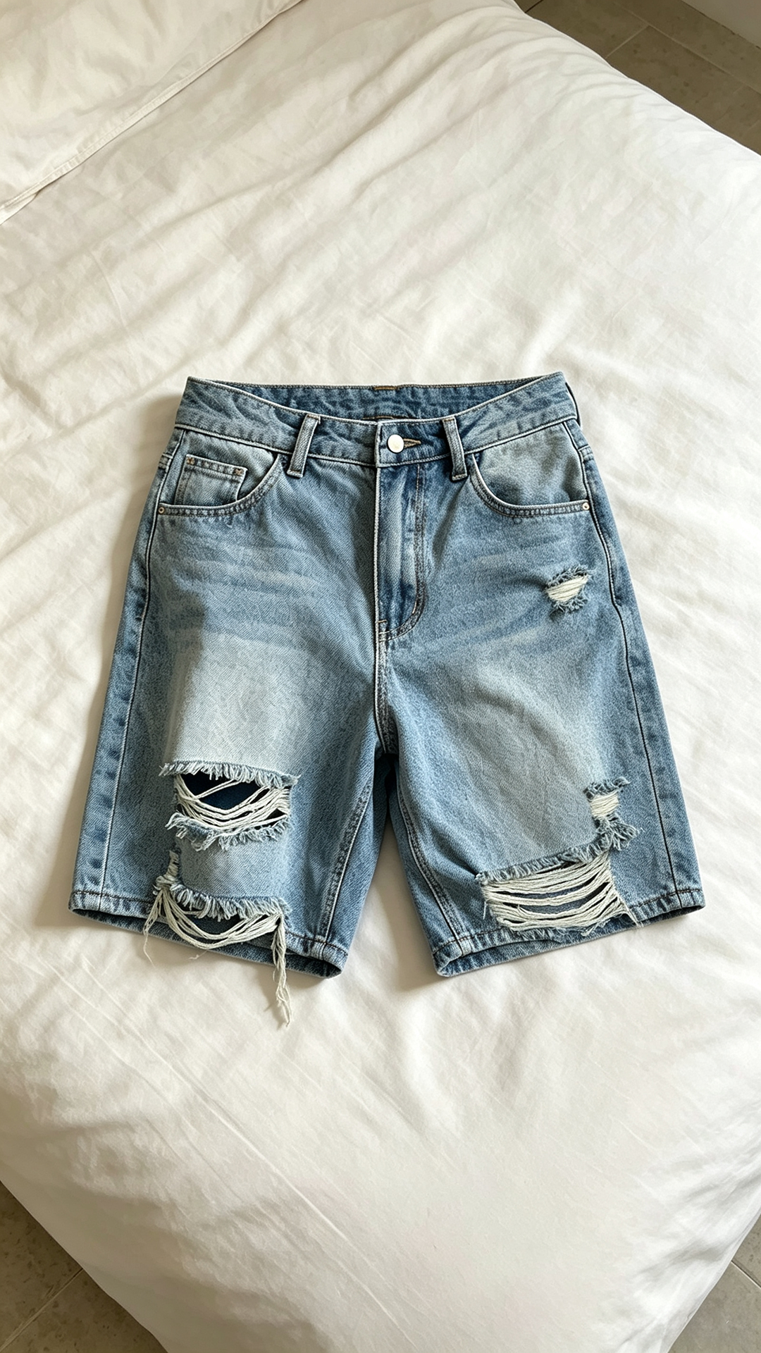 Women Light Wash Distressed Straight Leg Denim Bermuda Shorts