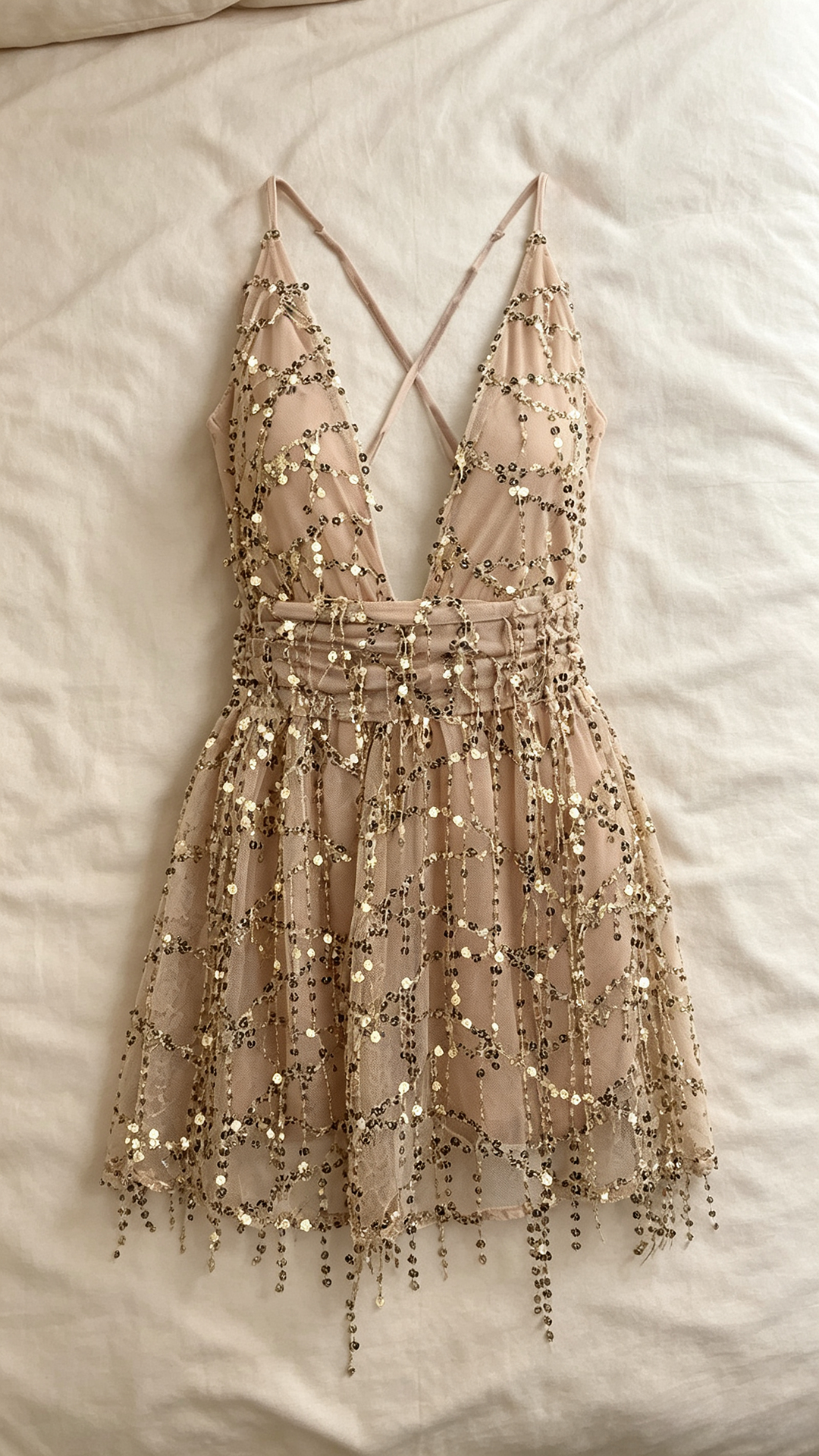 Sequin Fringe Mini Dress – Backless V Neck Summer Party Dress for Women