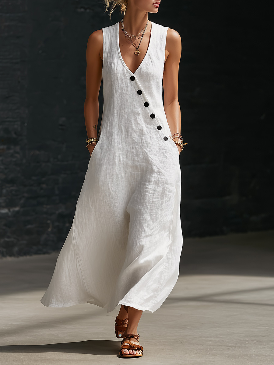 "Effortless Chic" Style V-Neck Button-Front Cotton-Linen Maxi Dress — Sleeveless Tank Dress