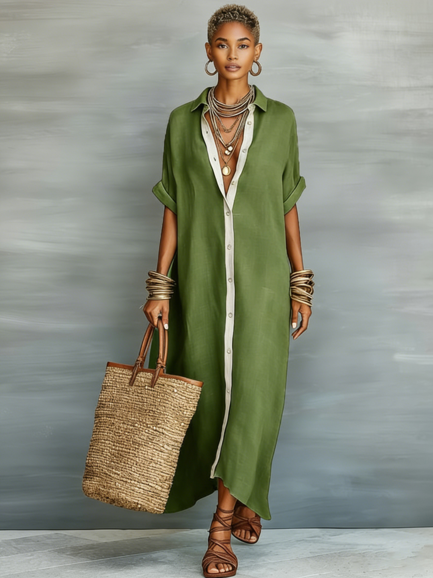 Women's Minimalist Linen Blend Short-sleeved Shirt Maxi Dress