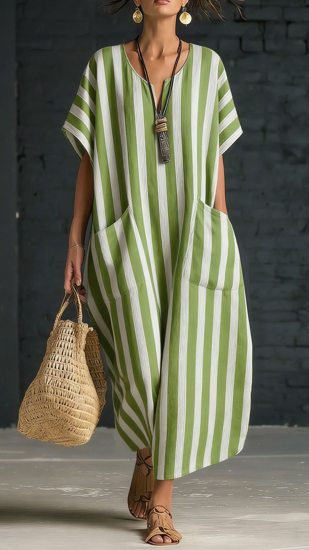 Women's Cotton-Blend Blue and White Vertical Striped Loose Dress
