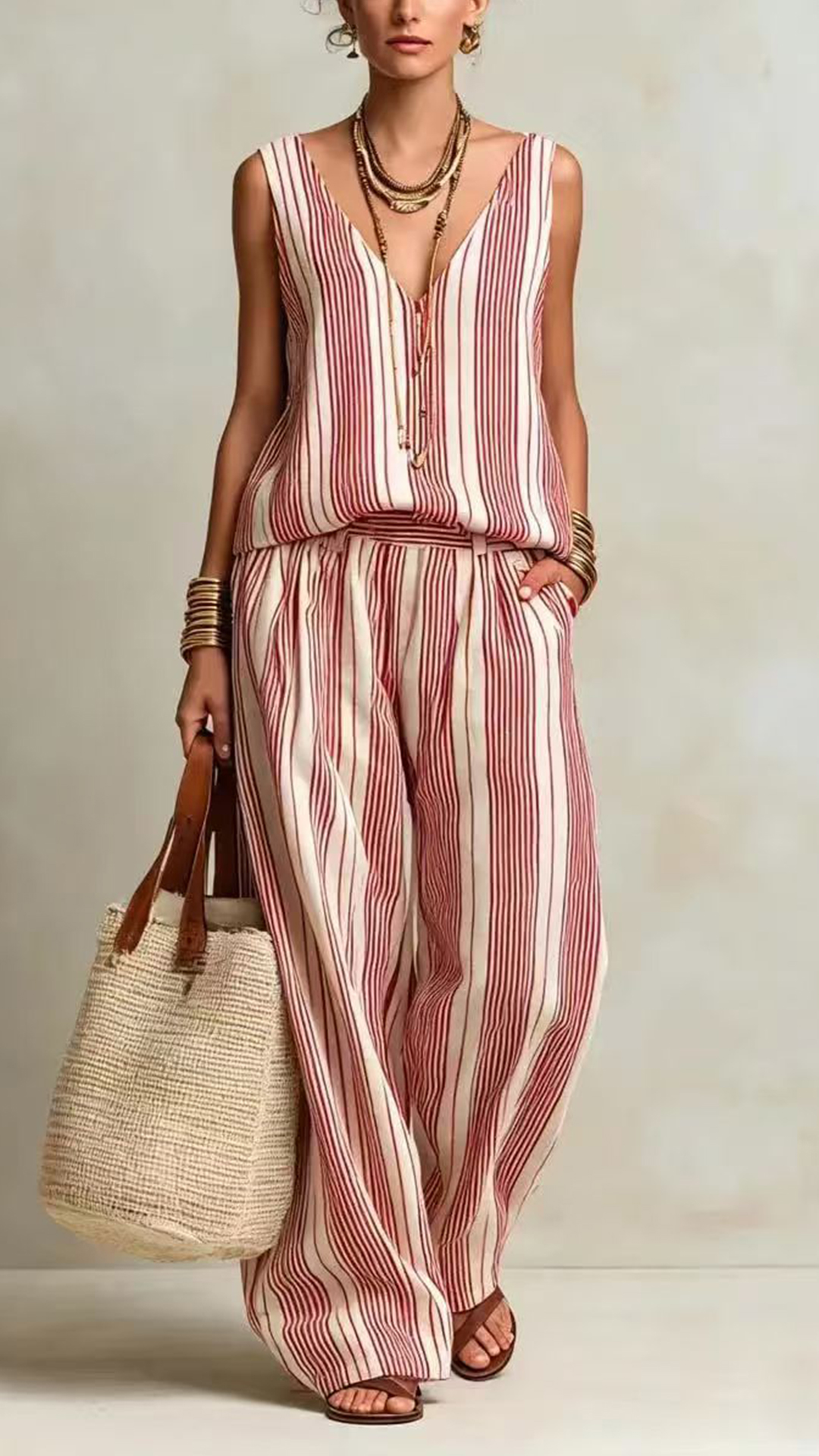 Women's Cotton-Blend Blue and White Vertical Striped Loose Sleeveless Set