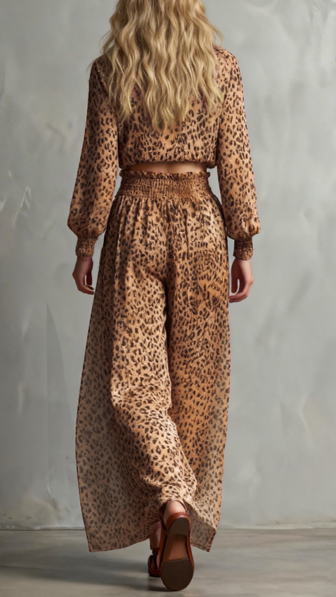 Women's Cotton-Blend Leopard Print Cropped Top & Wide-Leg Pants Set