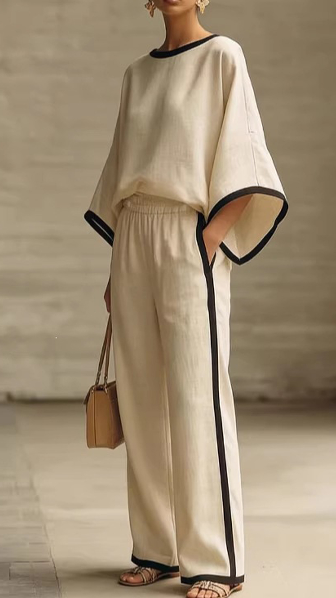 Women's Cotton-Blend Off-White Trimmed Loose Top & Wide-Leg Pants Set
