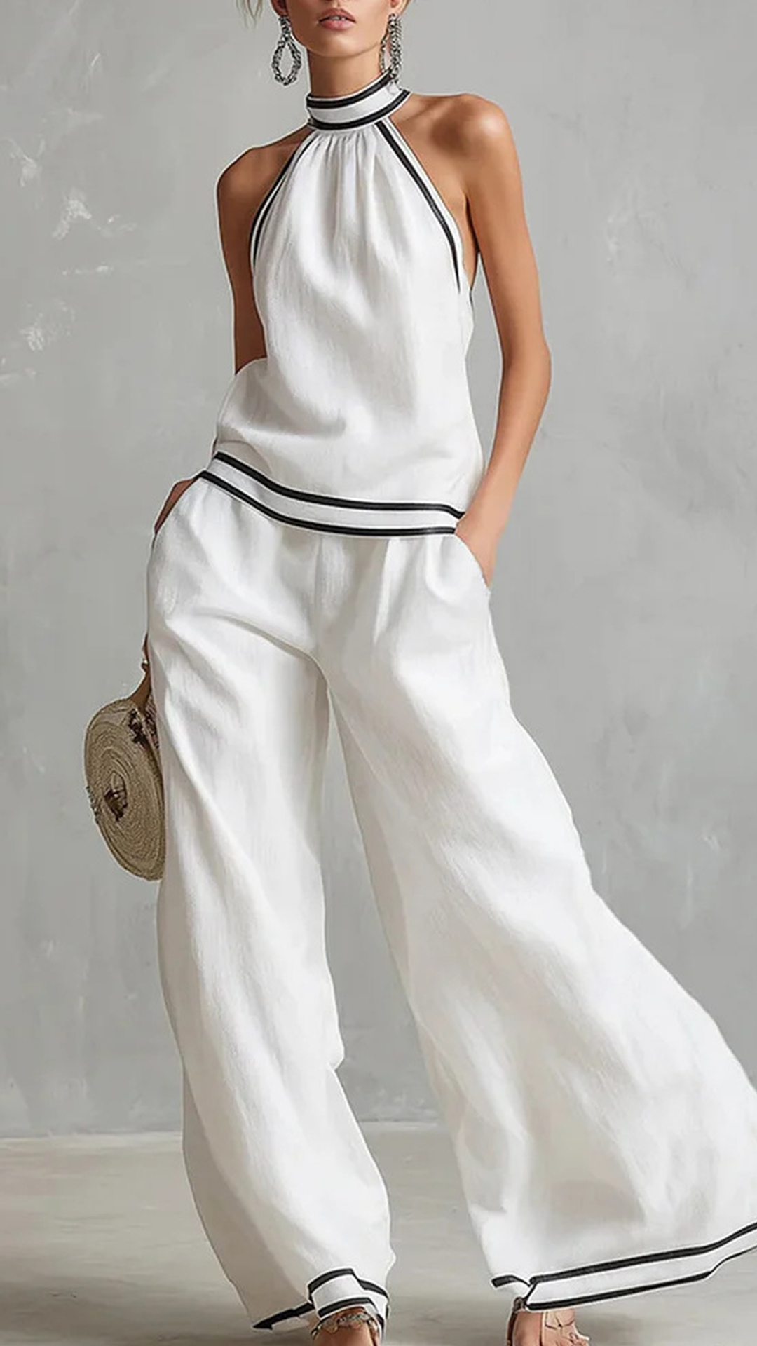 Women's Cotton-Blend Light Blue Halter Contrast Trim Wide-Leg Pants Set