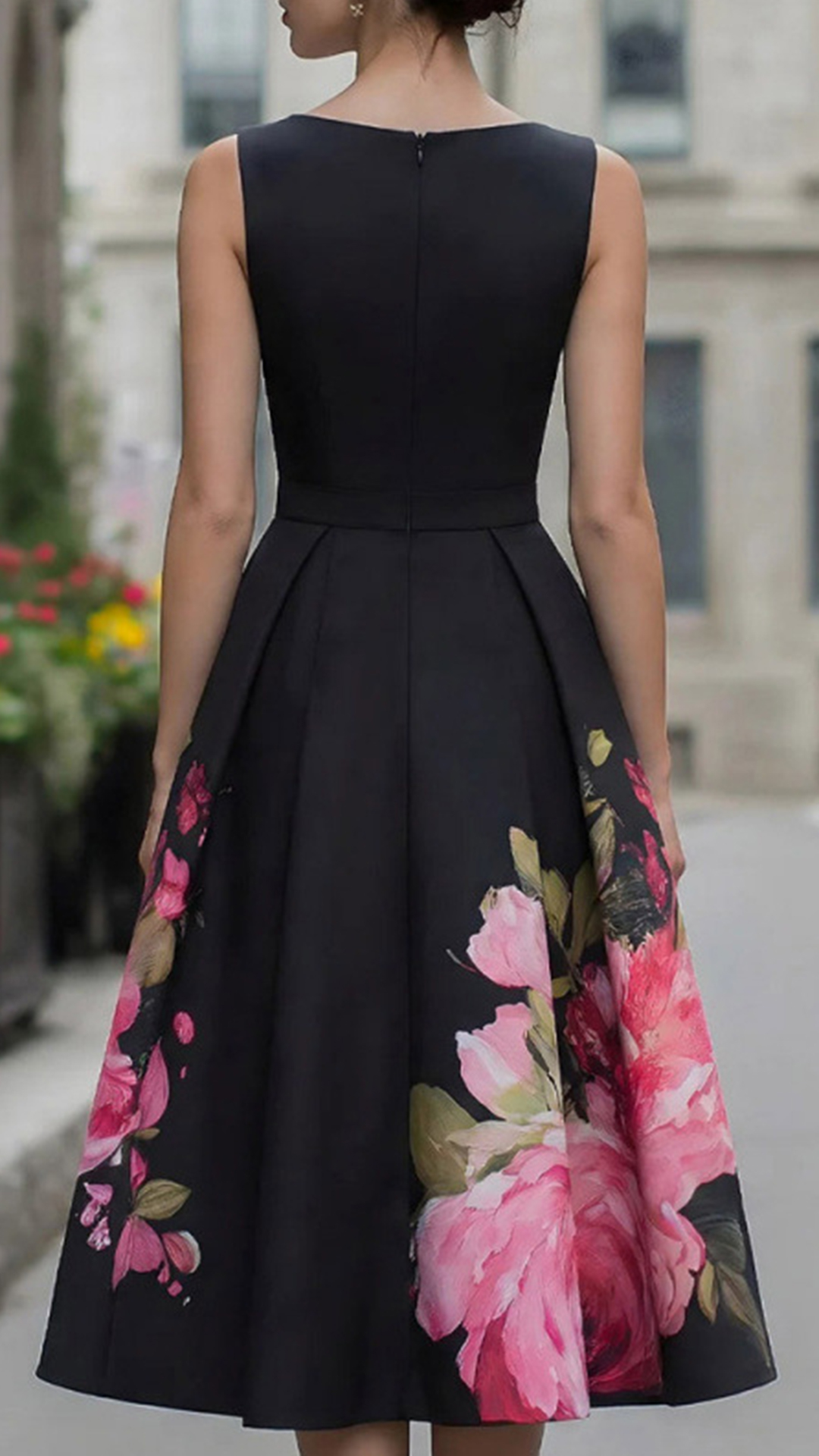 Women's Cotton-blend Black Art Floral Print Sleeveless Waist-cinched Flared Midi Dress