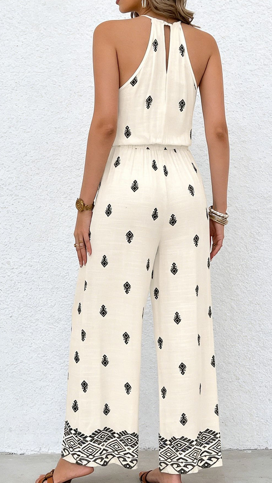 Women's Cotton‑blend Off‑White Ethnic Print Halter Sleeveless Waist‑cinched Jumpsuit