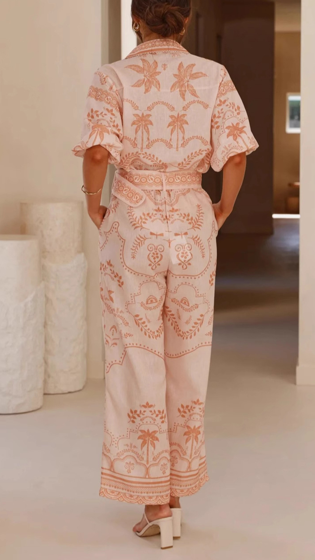 Women's Cotton‑blend Light Apricot Botanical Print Collared Puff Sleeve Top & Wide‑Leg Pants Set