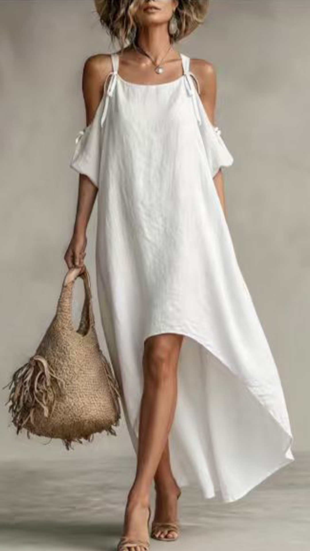 Women's Cotton‑blend Warm Orange Tie‑Strap Cold‑Shoulder Irregular‑Hem Midi Dress