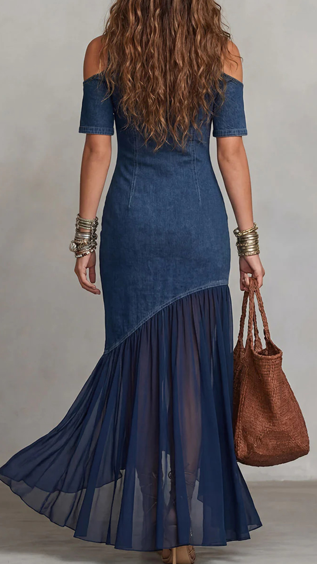 Women's Cotton-blend Imitation Denim Spliced Cold‑shoulder Short‑sleeve Waist‑cinched Irregular Maxi Dress