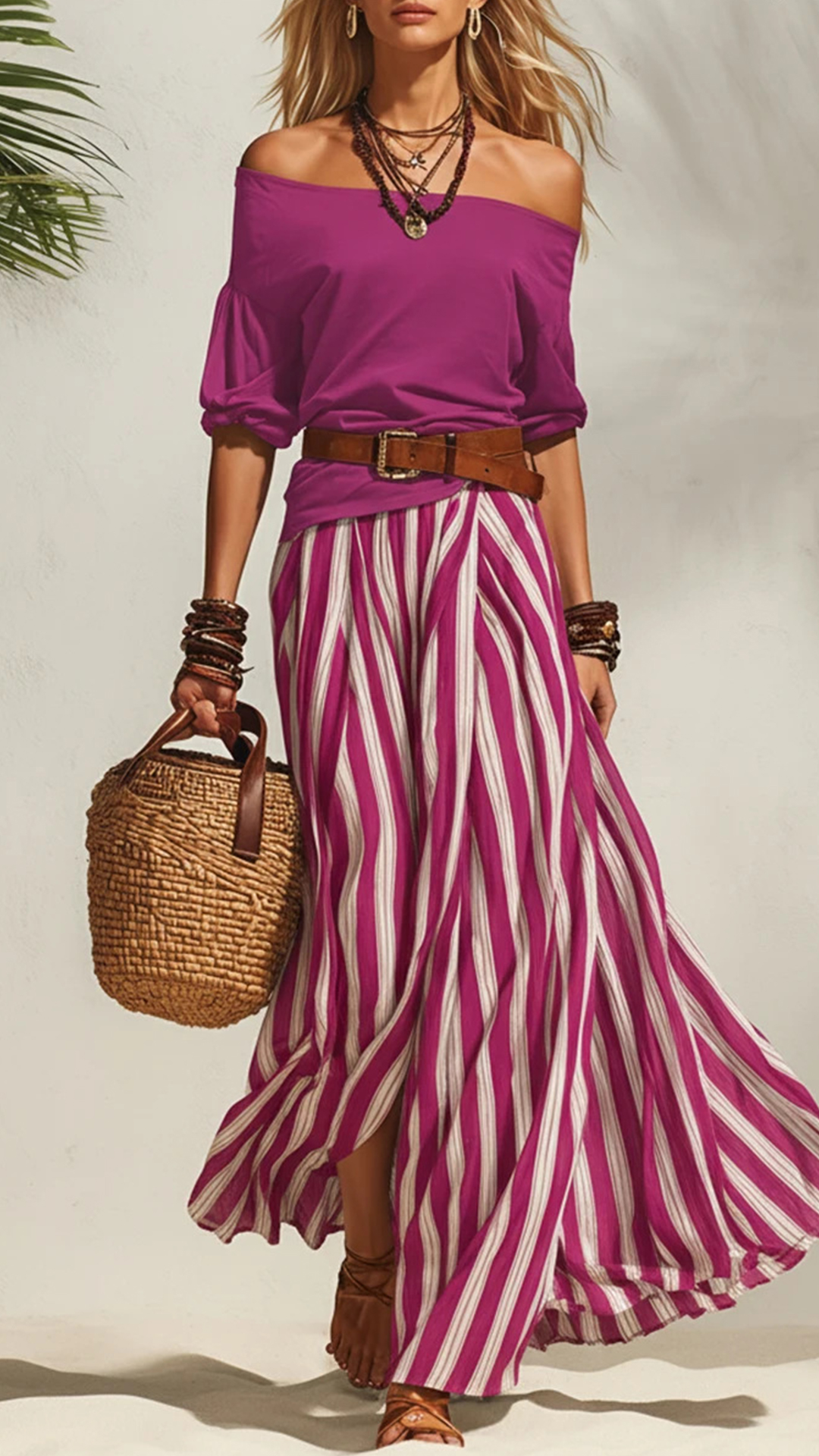 Women's Cotton‑blend Off‑the‑shoulder Mid‑sleeve Top & Blue‑white Striped Slit Maxi Skirt Set