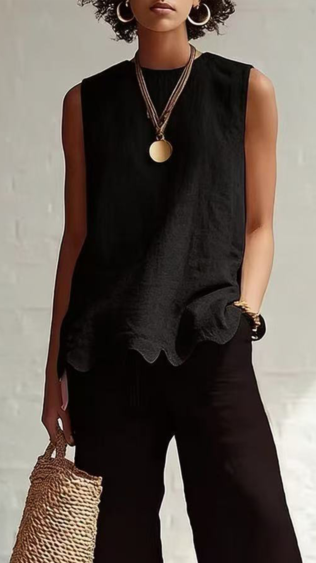 Women's Cotton‑blend Crew‑neck Sleeveless Scalloped‑hem Waist‑cinched Top