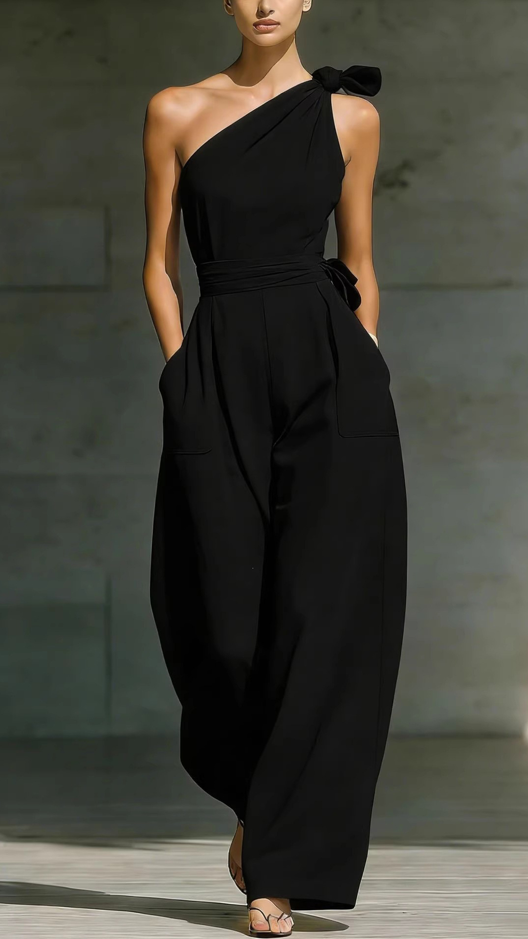 Women's Cotton‑blend  One‑shoulder Bow‑decorated Tie‑waist Wide‑leg Jumpsuit