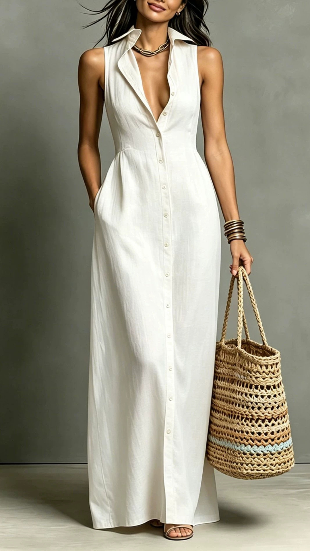 Women's Cotton‑blend Collared Sleeveless Single‑breasted Waist‑cinched Maxi Dress