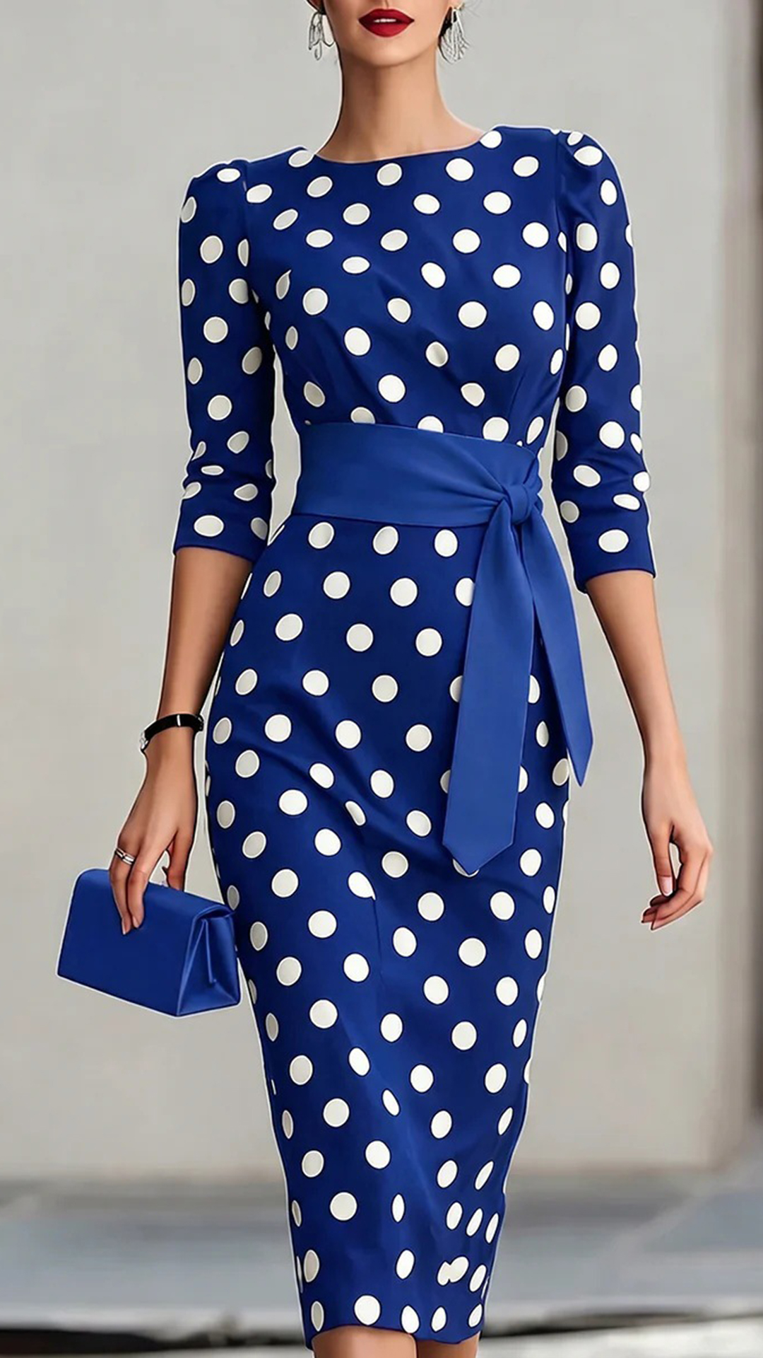 Women's Cotton‑blend Black‑white Polka‑dot Boat‑neck Mid‑sleeve Tie‑waist Bodycon Midi Dress
