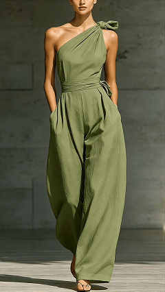 Women's Cotton‑blend  One‑shoulder Bow‑decorated Tie‑waist Wide‑leg Jumpsuit