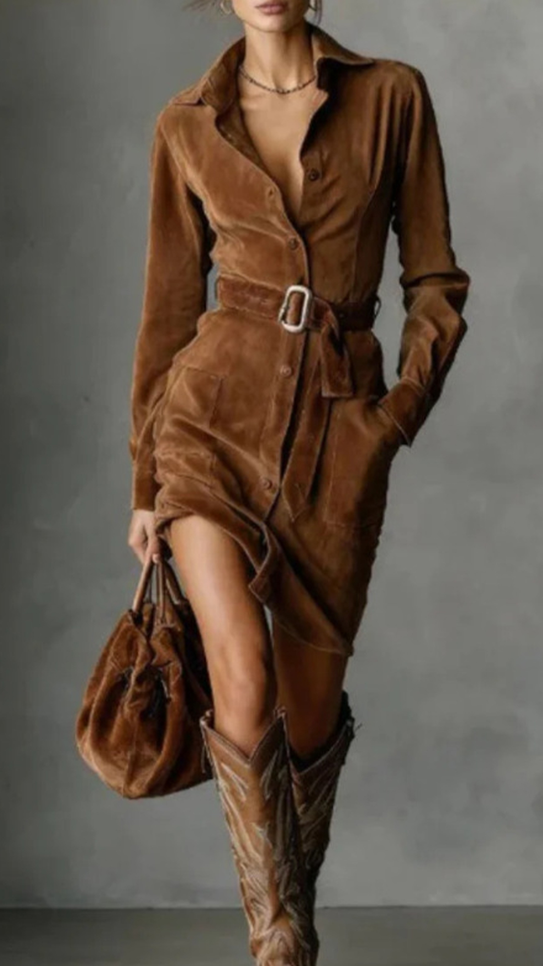 Women's Cotton‑blend Lapel Long‑sleeve Waist‑belted Irregular Mini Dress