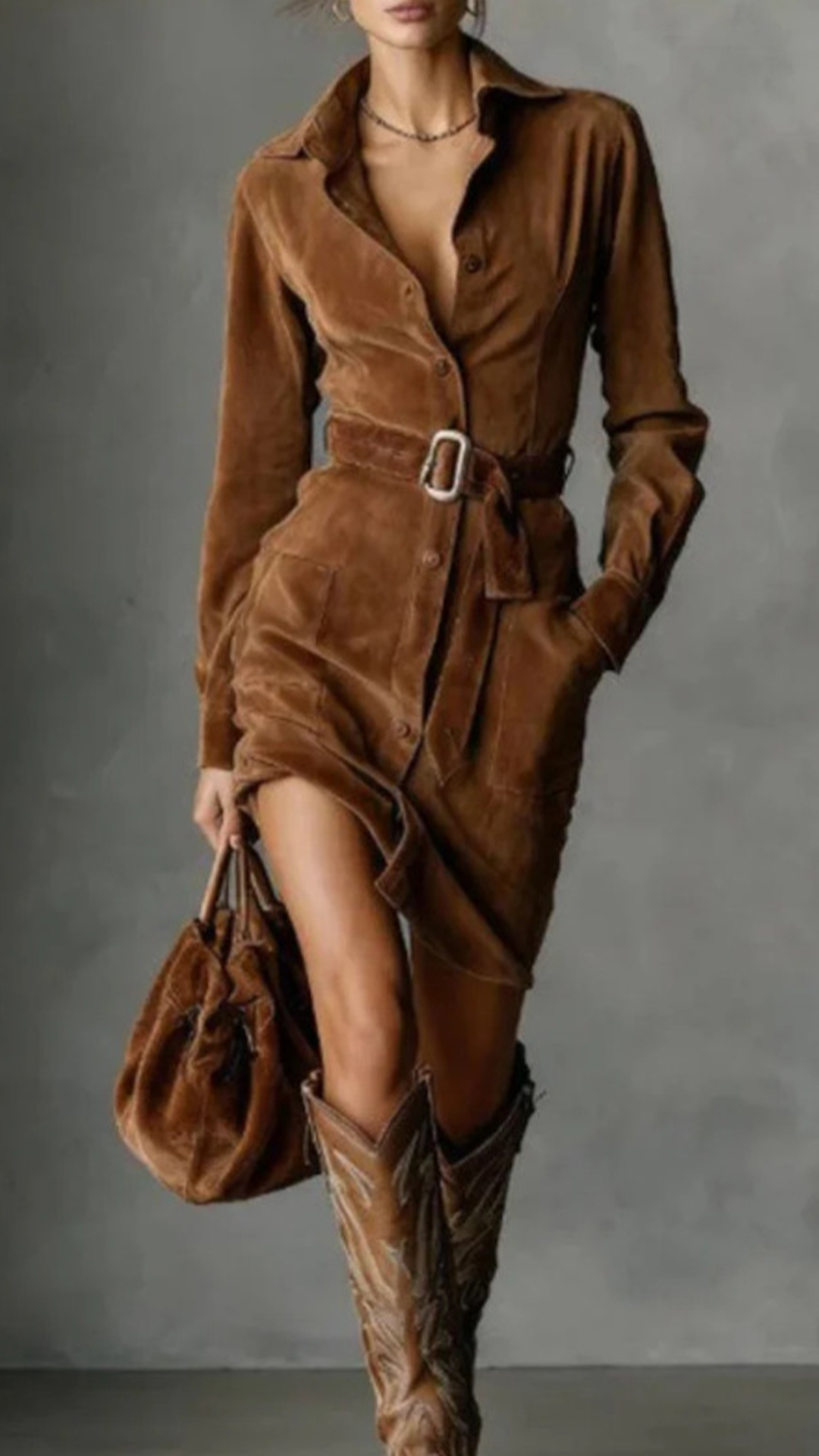 Women's Cotton‑blend Lapel Long‑sleeve Waist‑belted Irregular Mini Dress