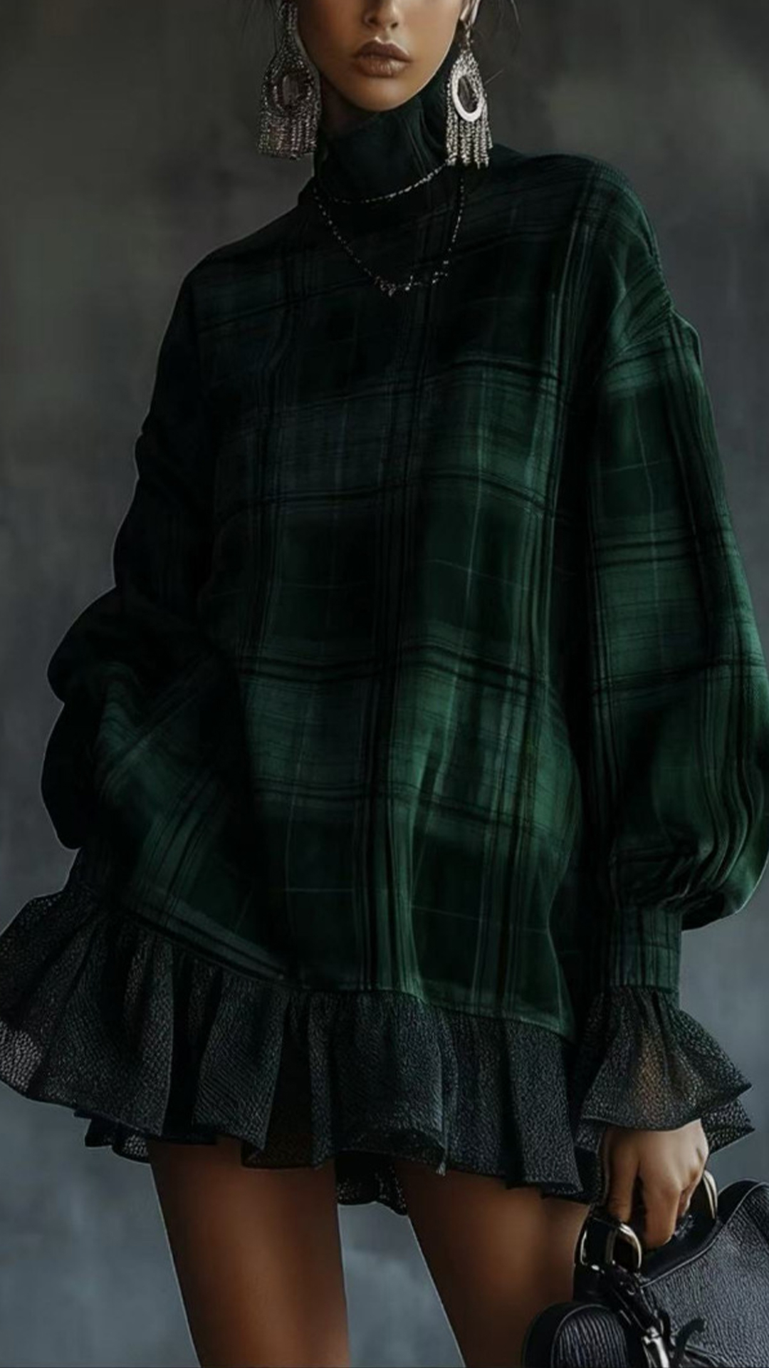 Women's Cotton‑blend Plaid Turtleneck Lantern‑sleeve Ruffled Loose Mini Dress