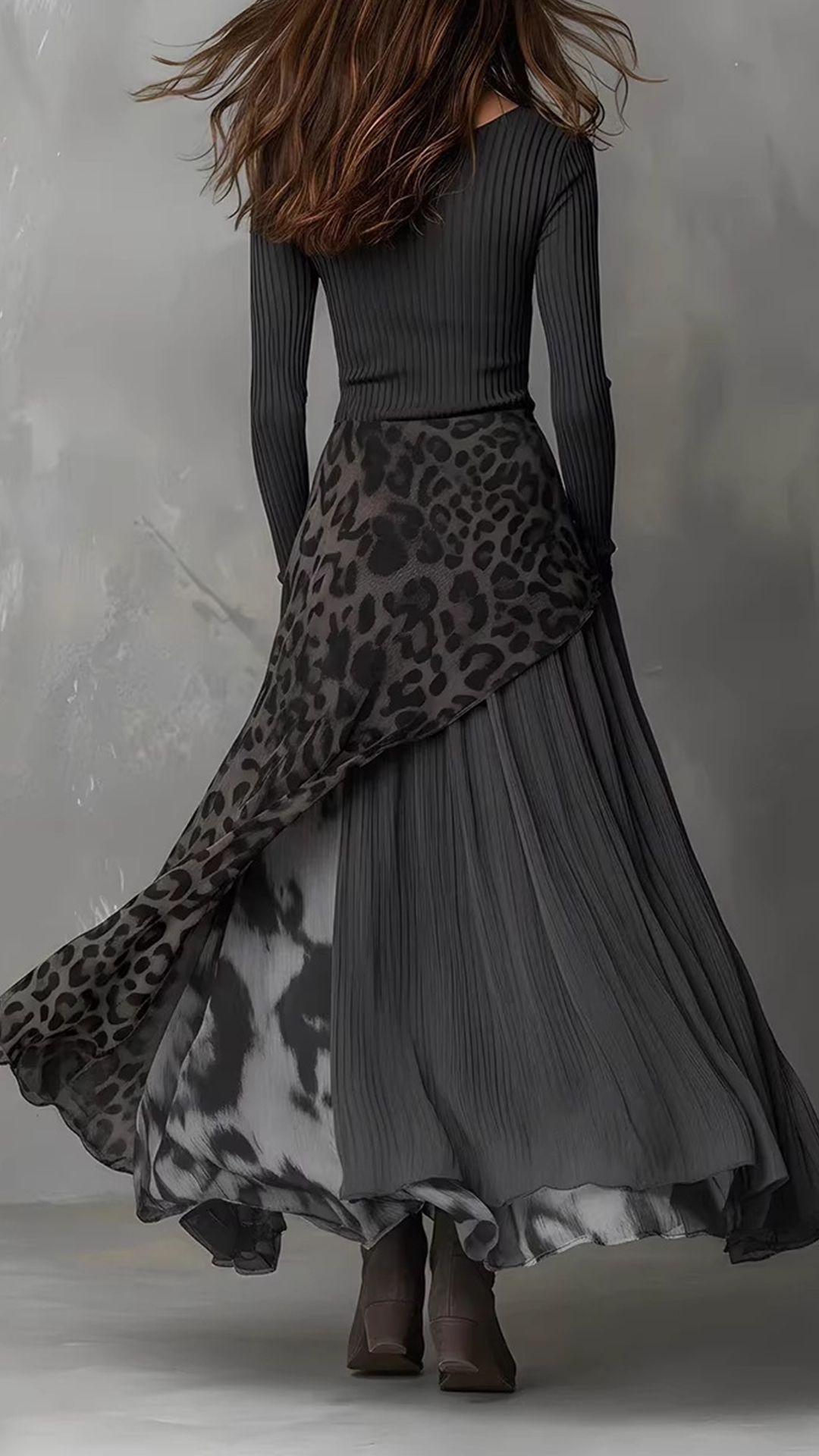 Women's Cotton‑blend Dark‑gray Leopard‑print Spliced U‑neck Long‑sleeve Irregular Flared Maxi Dress