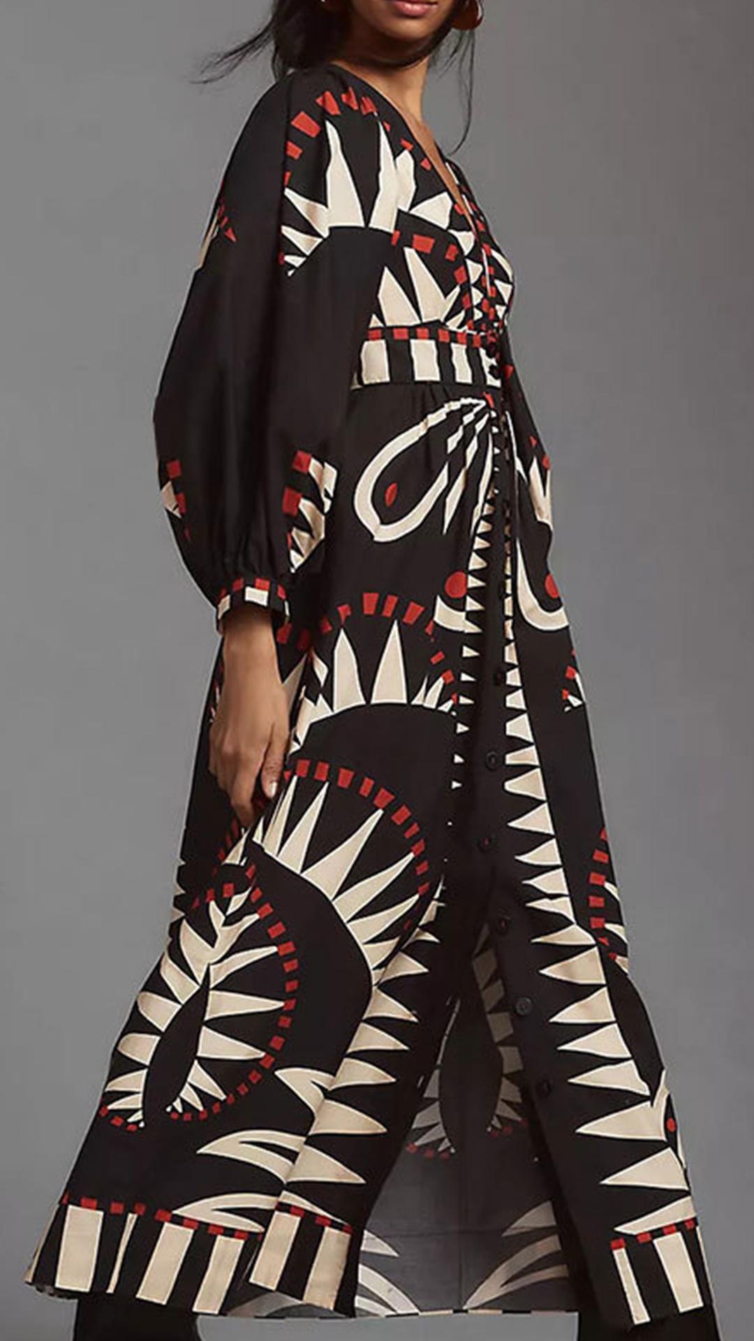Women's Cotton‑blend Black‑base Geometric‑print V‑neck Puff‑sleeve Waist‑cinched Slit Midi Dress
