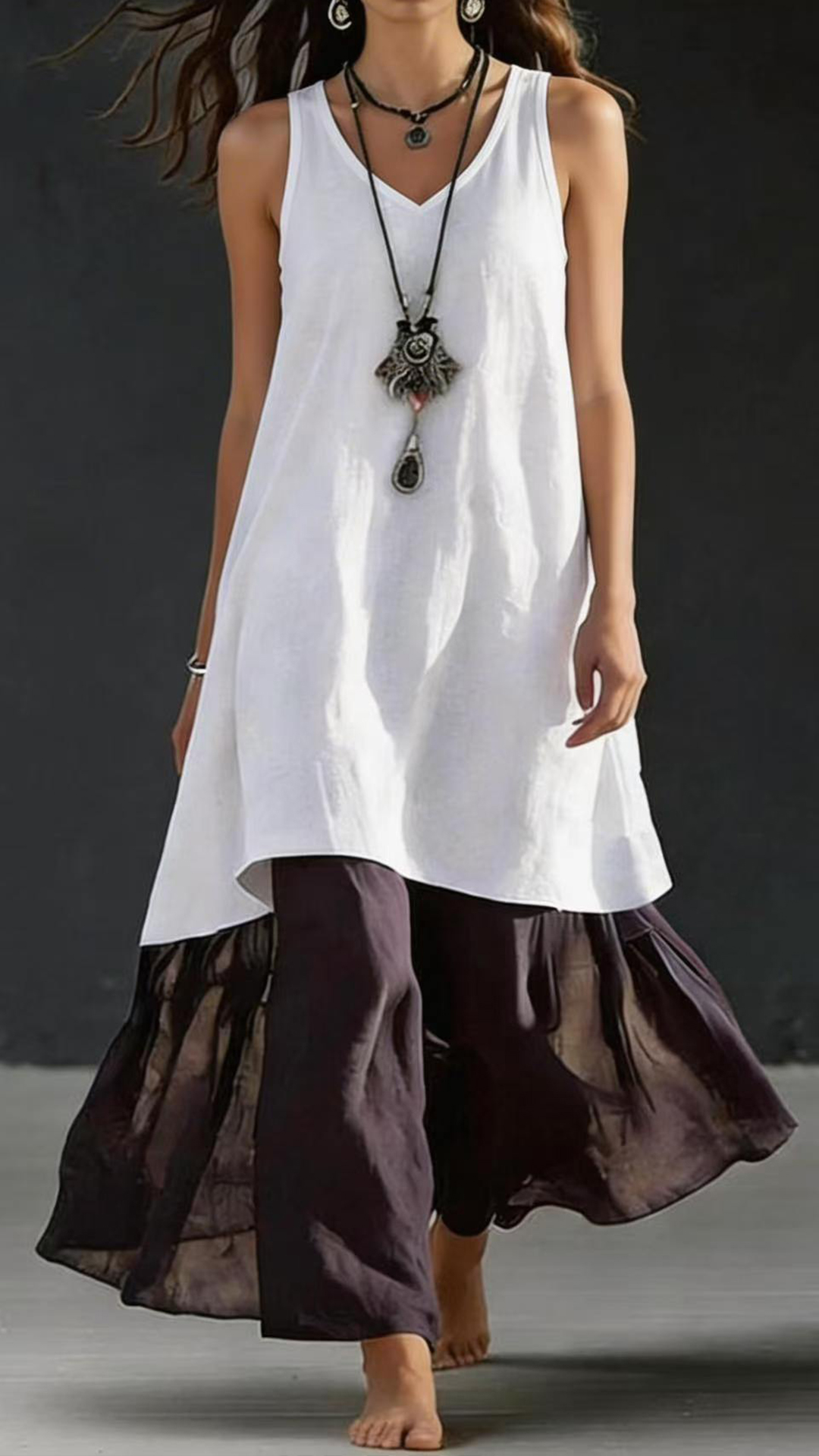 Women's Cotton‑blend Light‑blue V‑neck Sleeveless Color‑block Spliced Loose Maxi Dress