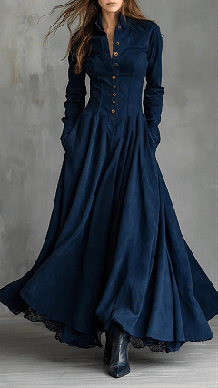 Women's Cotton-blend  Stand Collar Single-breasted Long Sleeve Flared Maxi Dress