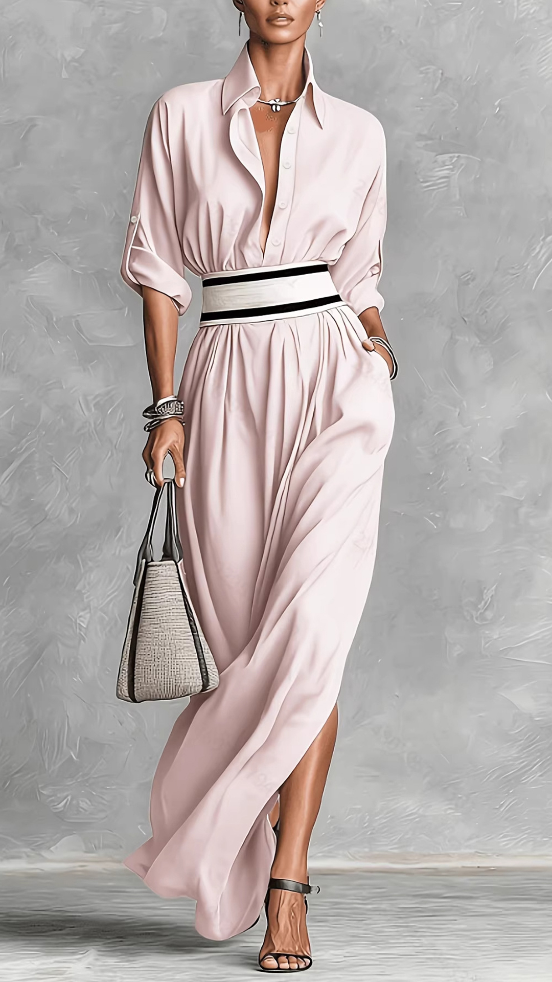 Women's Cotton‑blend Black Lapel Shirt‑style Slit Loose Maxi Dress