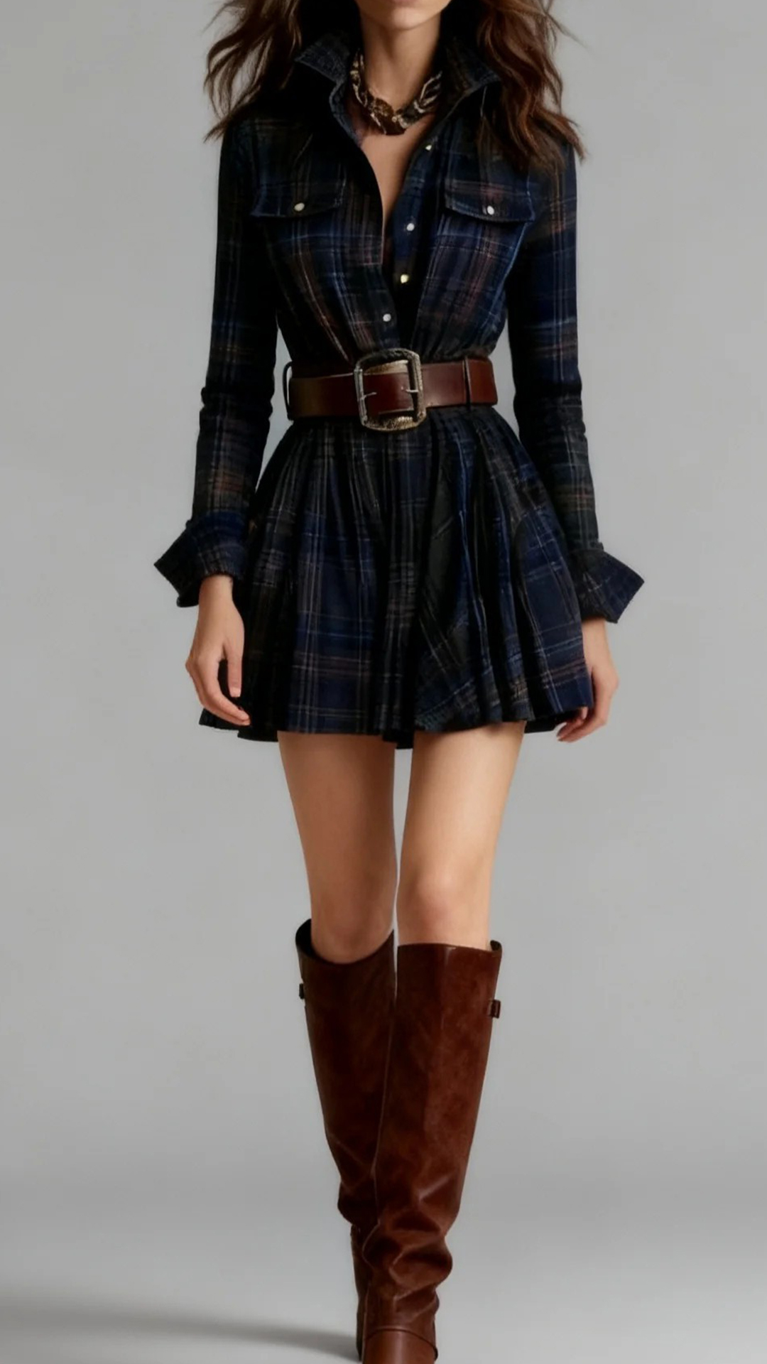 Women's Cotton‑blend Plaid Long‑sleeve Lapel Belted Pleated Mini Dress