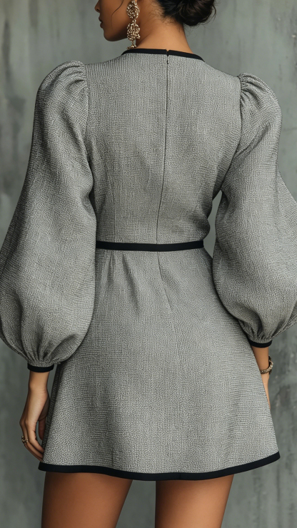 Women's Cotton‑blend Gray Black‑trimmed Puff‑sleeve Button‑decorated Mini Dress