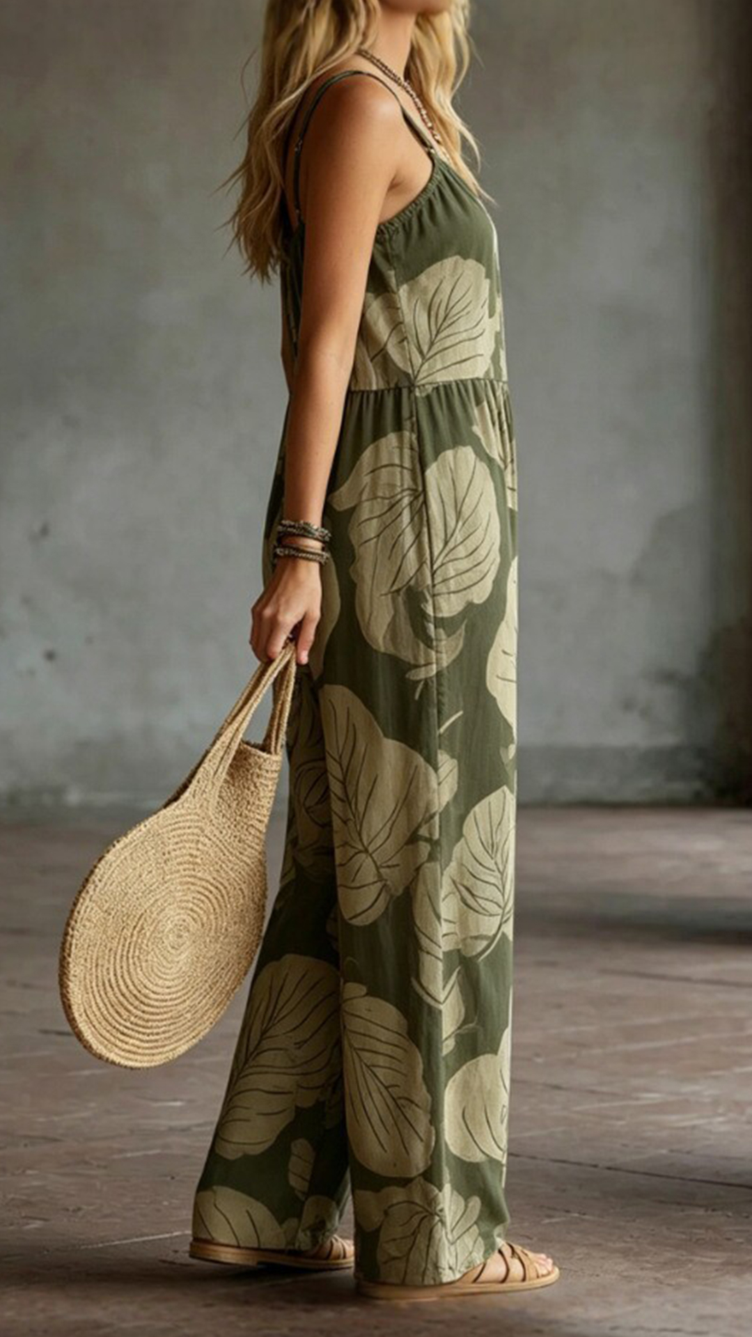 Women's Cotton‑blend Green Leaf‑print Spaghetti‑strap Loose Wide‑leg Jumpsuit
