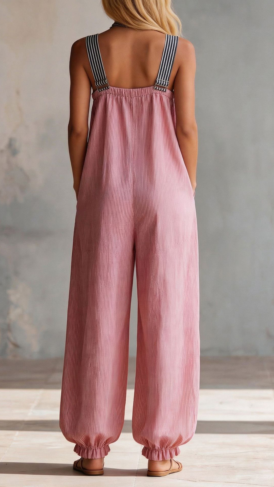 Women's Cotton‑blend Pink Fine‑striped Contrast‑strap Zip‑up Loose Jumpsuit