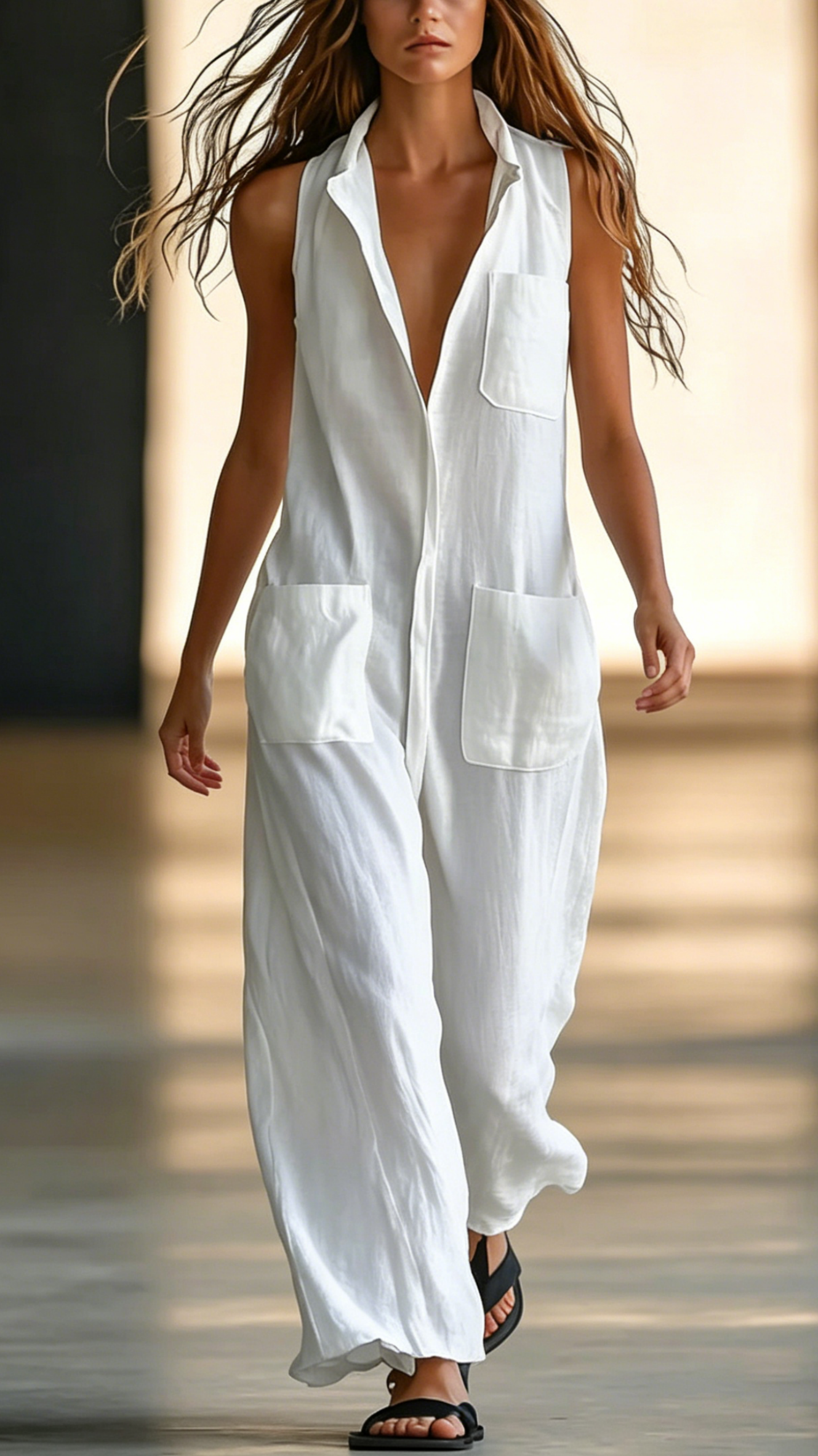 Women's Sleeveless Single-Breasted Cargo Jumpsuit