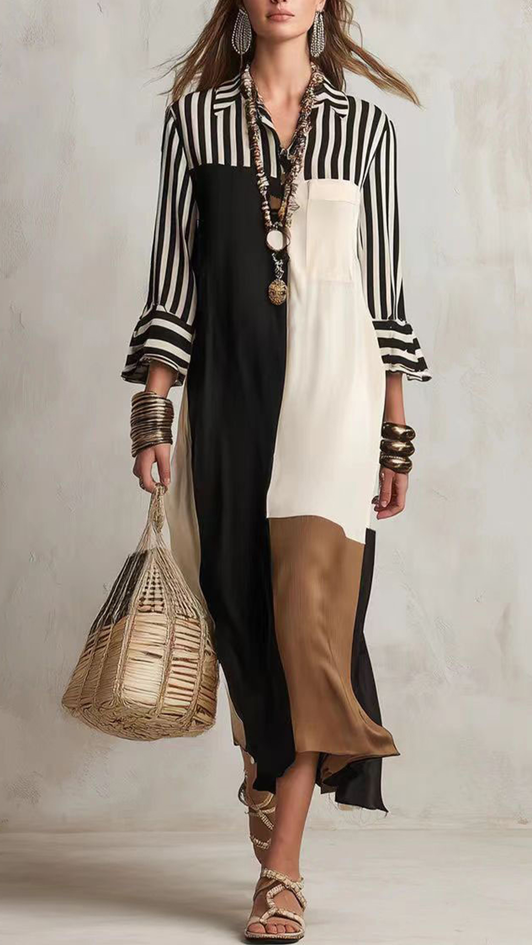 Women's Navy & Off-white Striped Collared Color-block Long Sleeve Dress