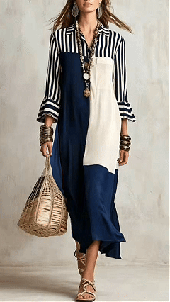 Women's Navy & Off-white Striped Collared Color-block Long Sleeve Dress