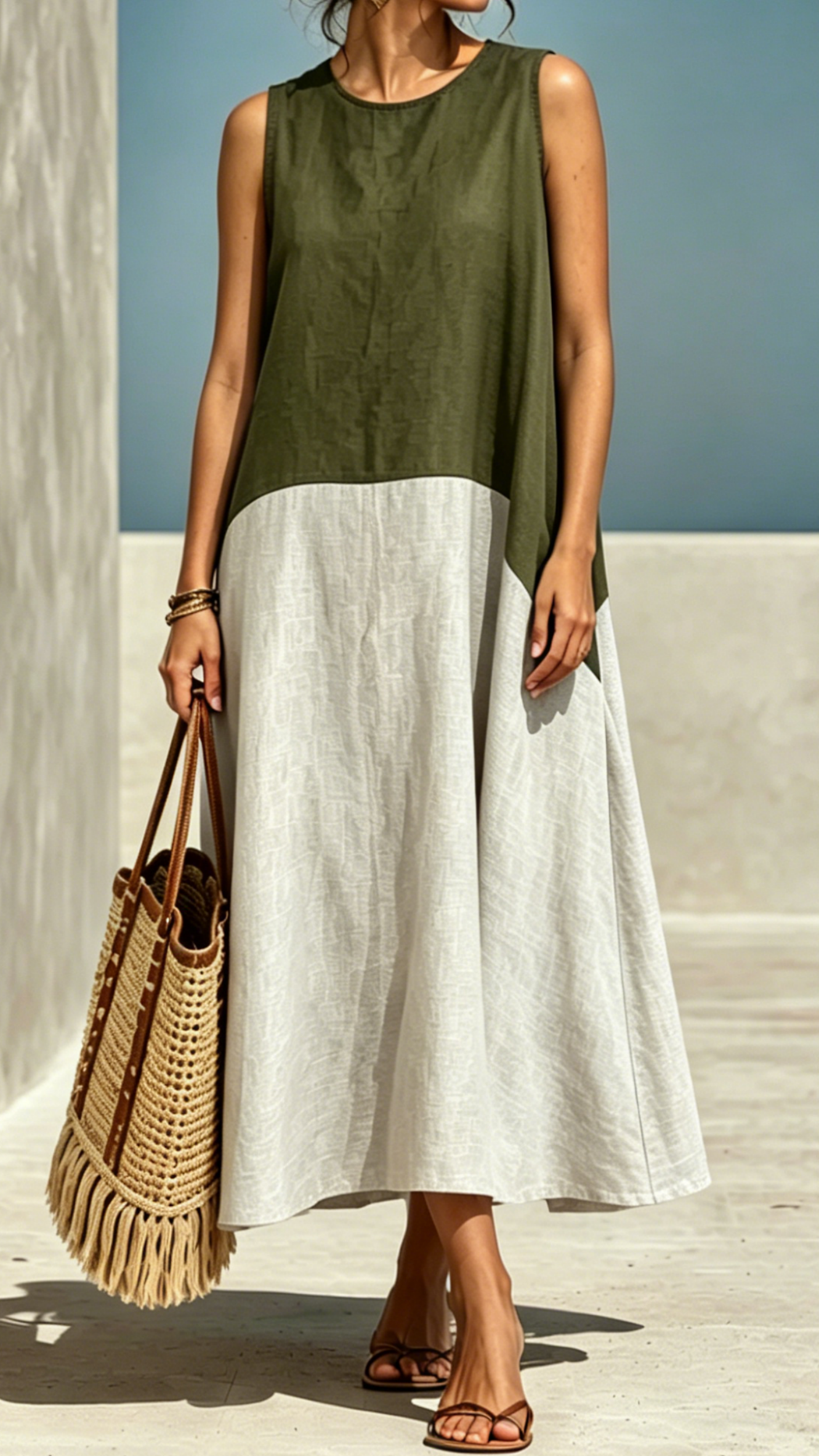Women's Round-Neck, Color-Block, Loose-Fit, Longline Cotton-Linen A-Line Sundress