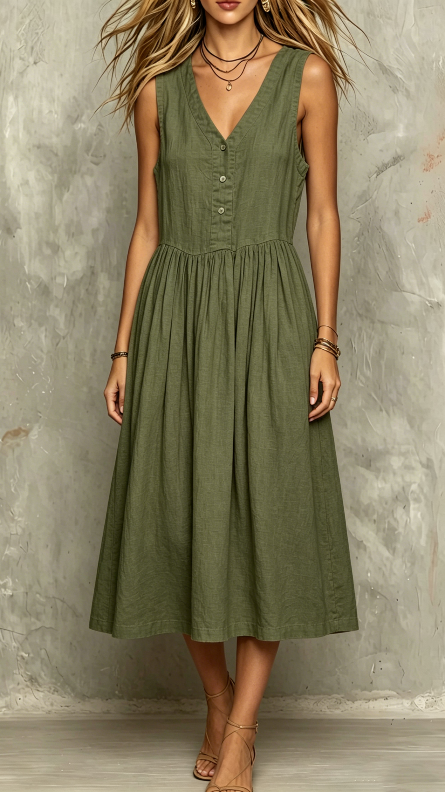 Women's V-Neck Literary-Style Suspender Dress — Sleeveless Linen Dress